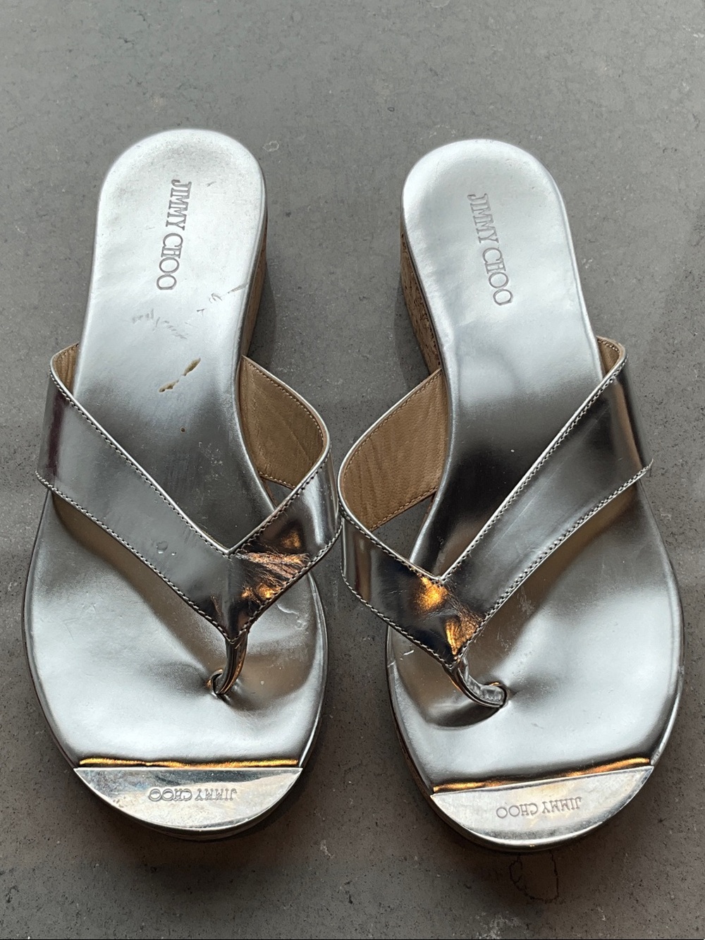 Jimmy Choo Silver Metallic Wedge Thong Sandals with Cork Heel